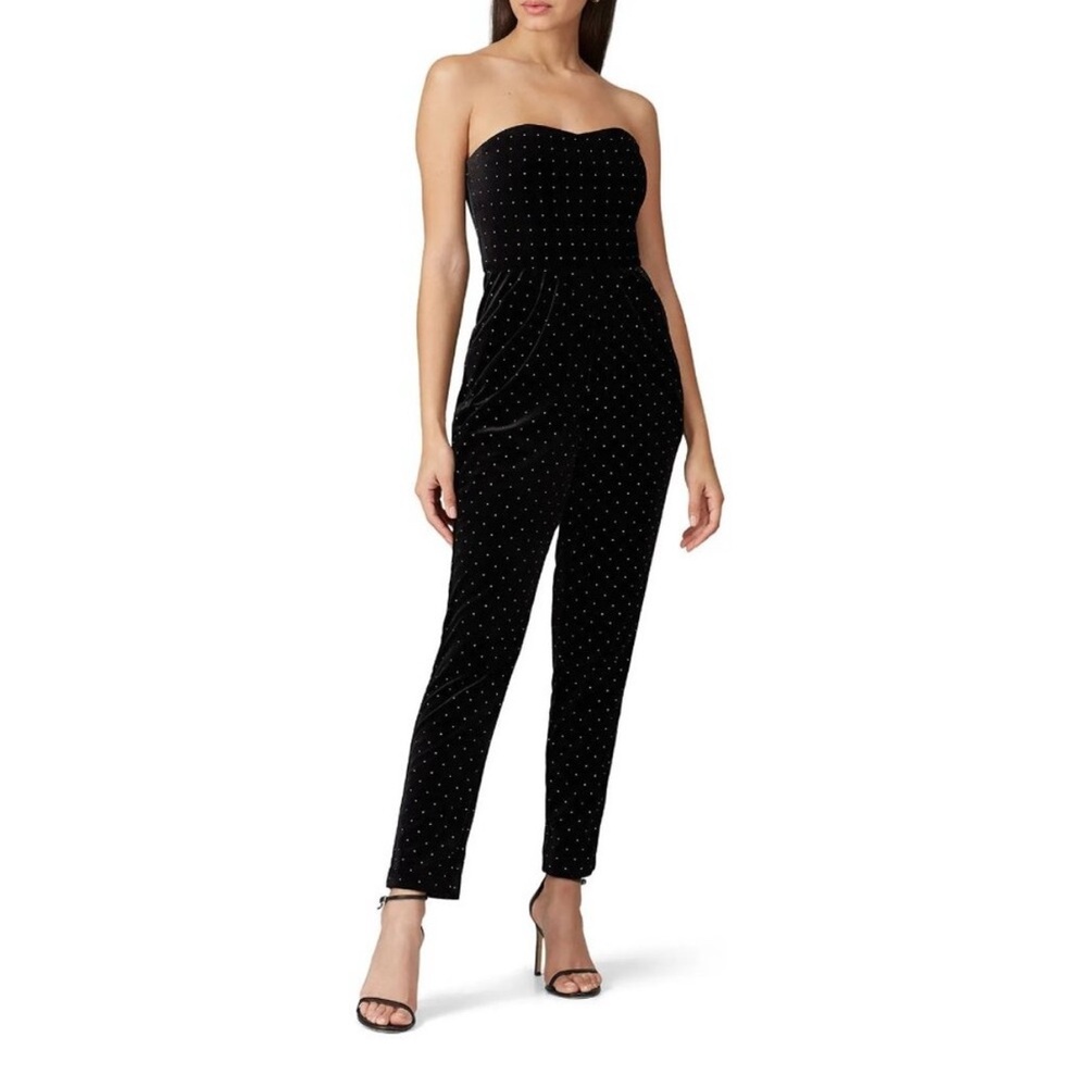 ML Monique Lhuillier Strapless Studded Velvet Jumpsuit Black 2